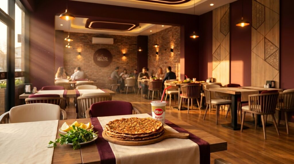 Hazal restoranında lahmacun ve ayran sunulan bir sofra